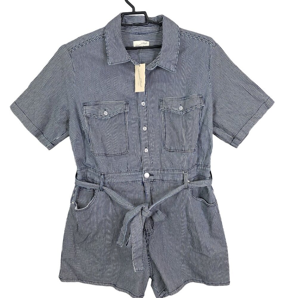 Womens Blue & White Striped Romper Button Up Belted Waist 100% Cotton Size 17